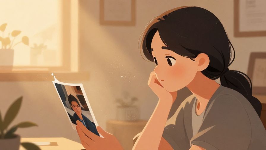 Illustration of a thoughtful person looking at a photo or memory, soft warm light illuminating the scene