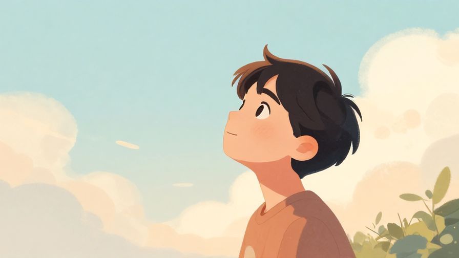 Illustration of a thoughtful person looking at the sky, soft natural background, warm colors