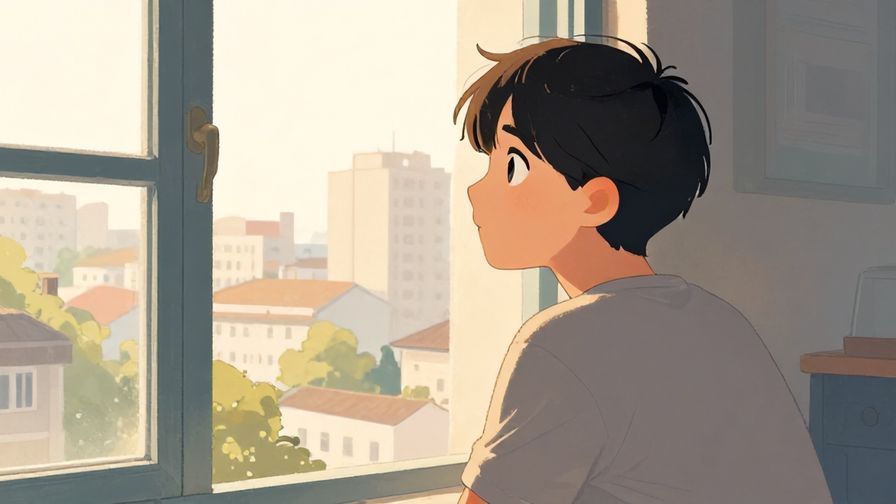 Illustration of a thoughtful person looking out a window, soft afternoon lighting, detailed background, illustrated style