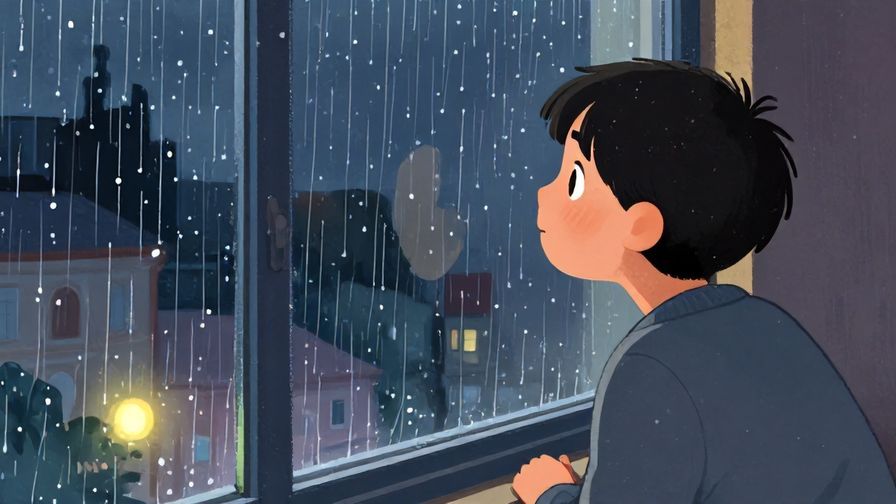 Illustration of a thoughtful person looking out a rainy window, a small hopeful light in the distance, detailed background, vibrant colors, illustrated style