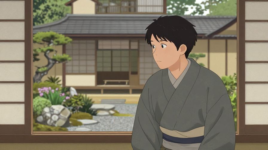 Illustration of a thoughtful person looking out a window with a melancholic expression, traditional Japanese garden visible, muted tones