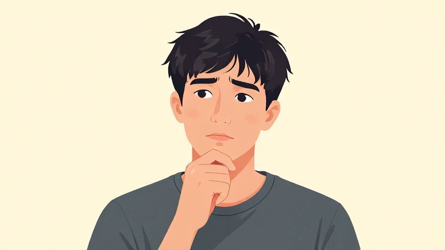 Illustration of a thoughtful person looking slightly hesitant but composed, soft pastel background