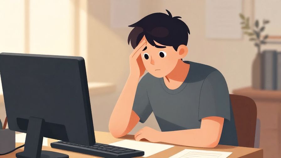 Illustration of a thoughtful person looking slightly stressed but calm, sitting at a desk with soft lighting