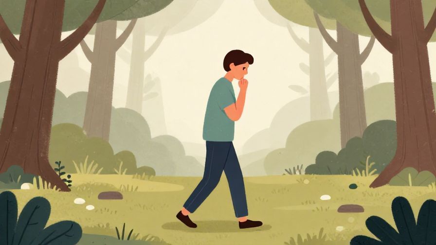Illustration of a thoughtful person pausing before stepping forward, surrounded by quiet nature, muted colors