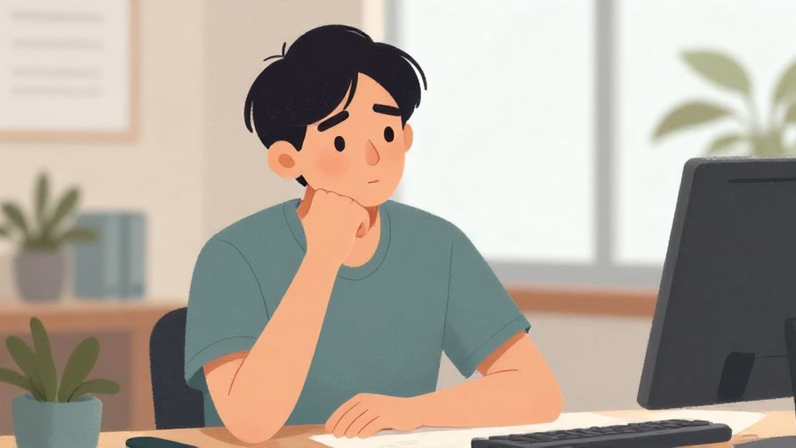 Illustration of a thoughtful person pondering a problem, soft office background with a window view, calm colors, illustrated style