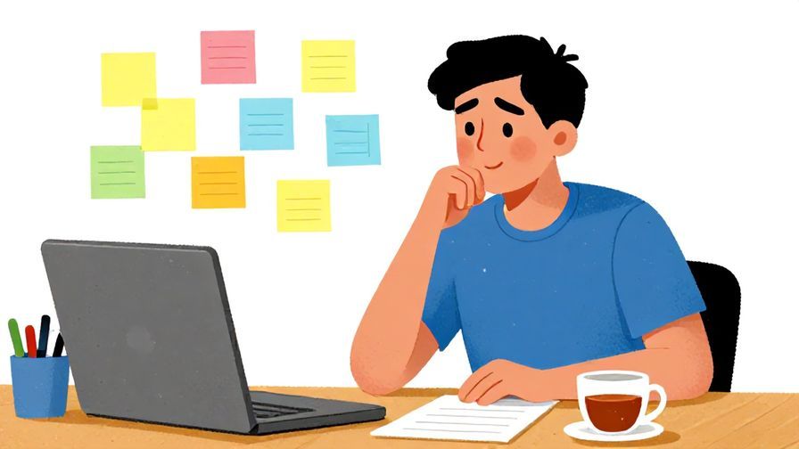 Illustration of a thoughtful person sitting at a desk brainstorming ideas with sticky notes and a cup of tea, calm and determined atmosphere, vibrant colors, illustrated style