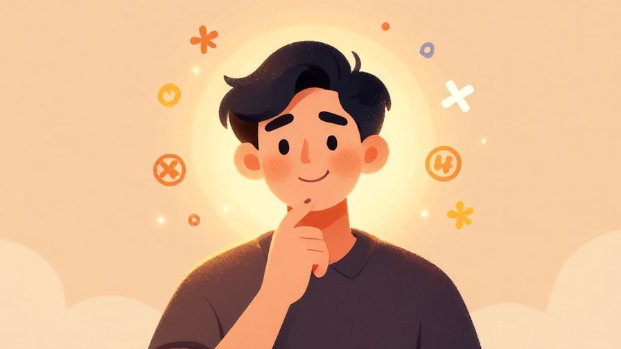 Illustration of a thoughtful person smiling with a soft glow around their head and lucky symbols drifting nearby, warm tones