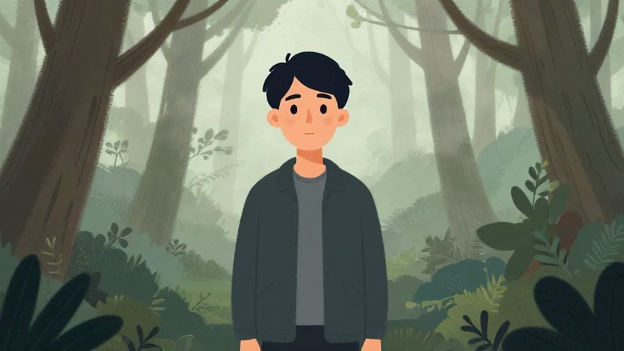 Illustration of a thoughtful person standing firm in a misty forest, calm expression, soft diffused light