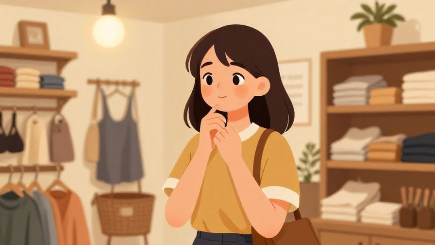 Illustration of a thoughtful shopper holding up an item, with a gentle, curious expression, cozy store interior