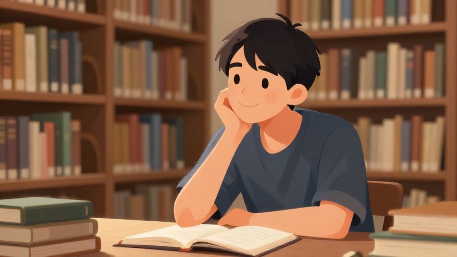 Illustration of a thoughtful young person in a quiet library, reflecting with a gentle smile and natural light