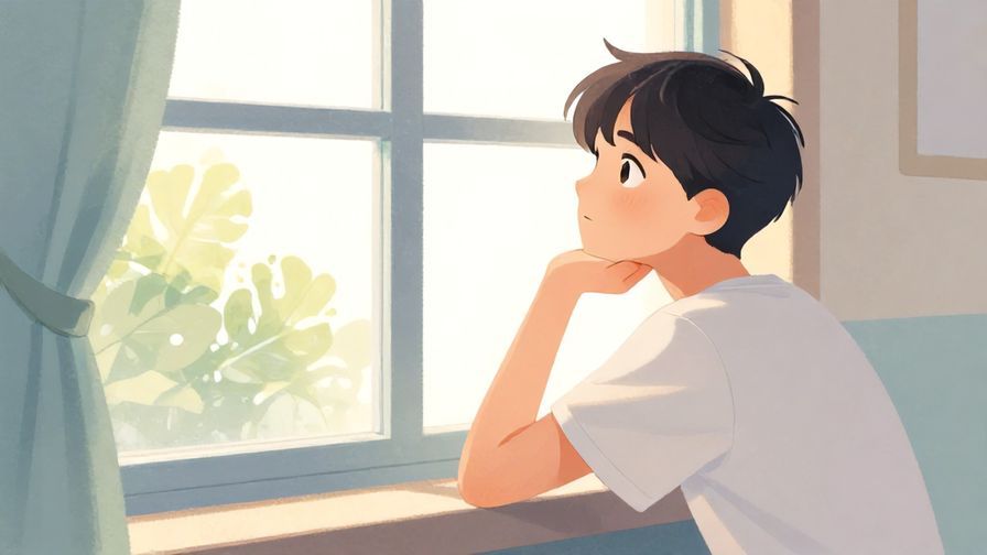 Illustration of a thoughtful young person sitting by a window, looking out with a hopeful expression, soft pastel colors