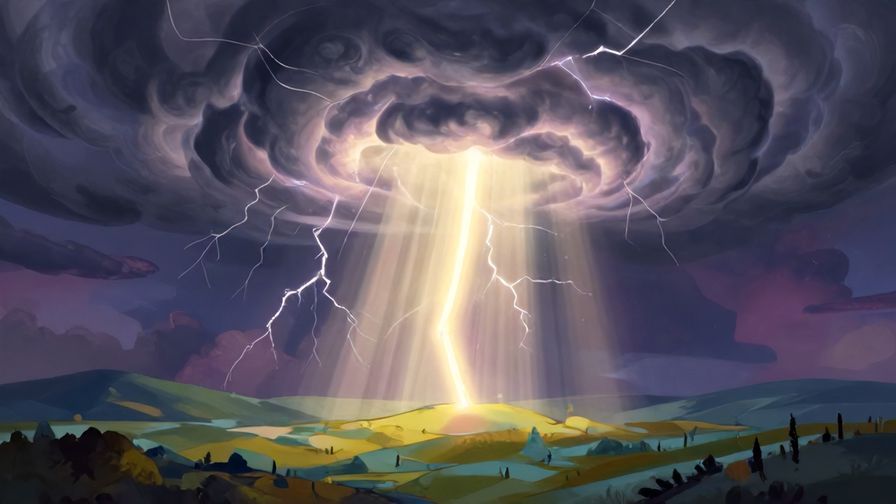Illustration of a thundercloud with light beams shining down on a landscape, symbolizing justice and divine intervention, dramatic and vibrant colors, illustrated style