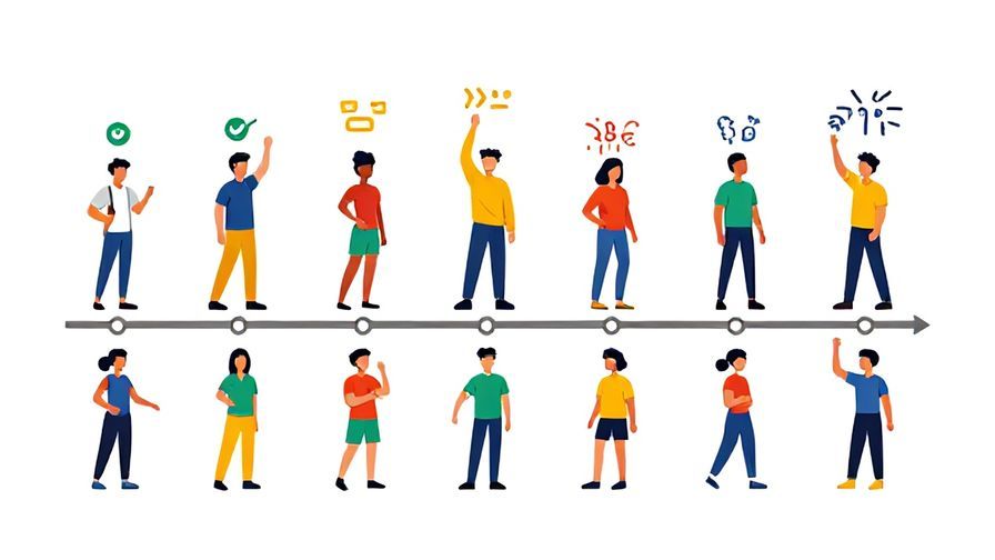 Illustration of a timeline with a person at different stages, showing gradual change, vibrant colors, illustrated style