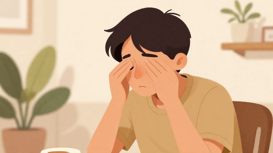 Illustration of a tired person rubbing their eyes and sitting down with a relaxed sigh, soft warm tones, indoor setting with plants, illustrated style