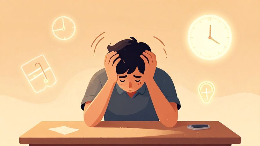 Illustration of a tired person slumping over a table, surrounded by stress lines and faint glowing clock, warm colors
