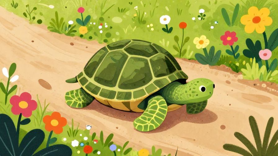 Illustration of a tortoise slowly walking on a soft path with flowers around, symbolizing slow but steady healing, vibrant colors, illustrated style