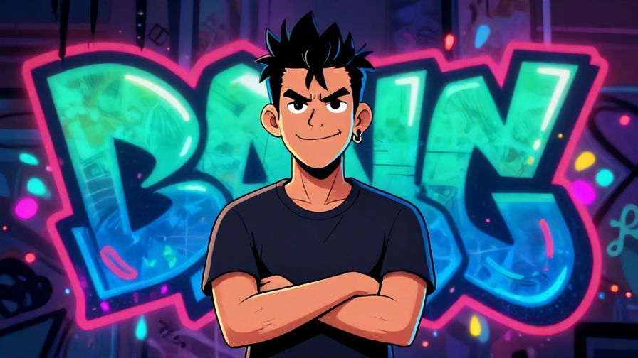 Illustration of a tough character smirking with crossed arms, graffiti background and neon lighting