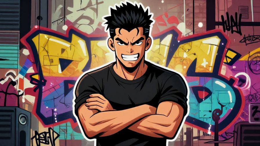 Illustration of a tough character with a fierce grin, arms crossed defiantly, urban graffiti background