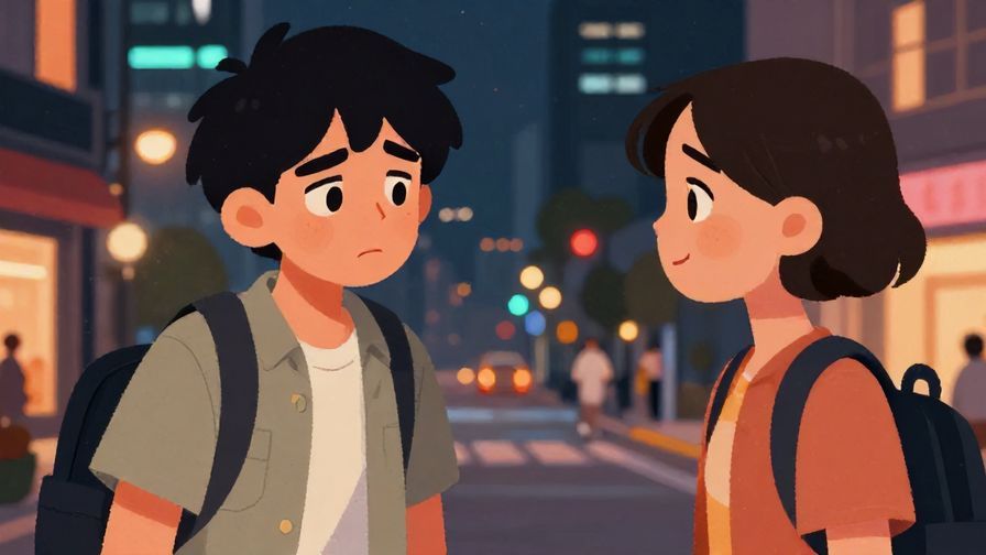 Illustration of a tough-looking but caring character lightly scolding a friend with a smile, urban night background, casual style, illustrated