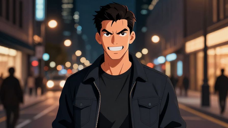 Illustration of a tough-looking young man with a fierce grin, standing confidently on a city street at night