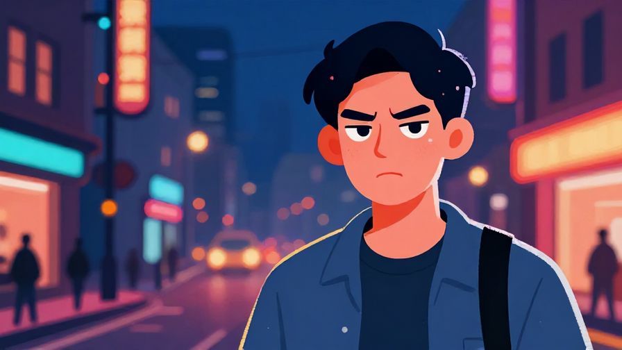 Illustration of a tough-looking young person with a scowl, urban nighttime street background, vibrant colors, illustrated style
