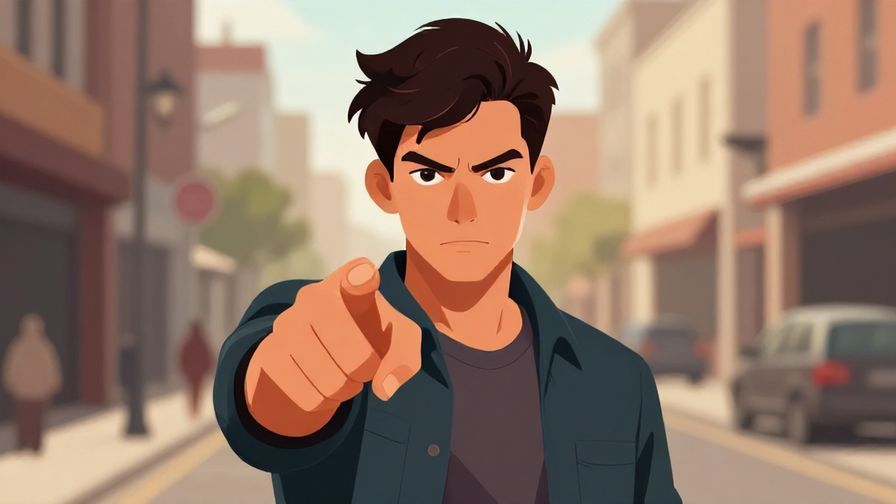 Illustration of a tough-looking young person with a serious glare, pointing directly at the viewer, urban street background
