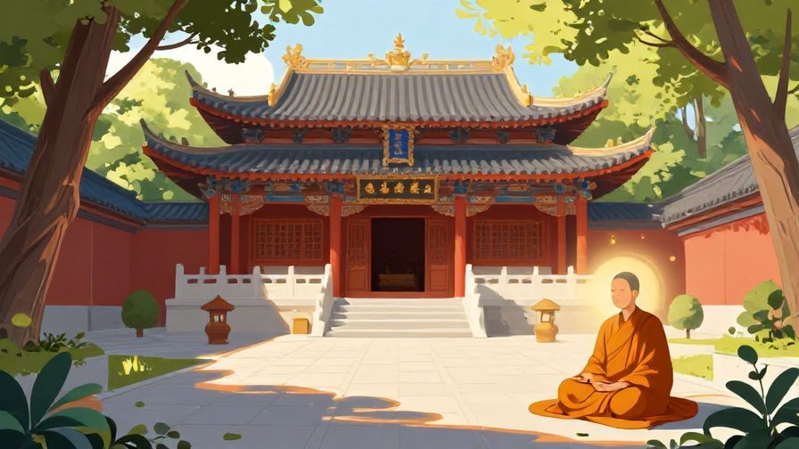 Illustration of a traditional Buddhist temple courtyard with gentle sunlight filtering through trees, a serene monk meditating, symbolizing the spiritual root of karma, vibrant colors, illustrated style
