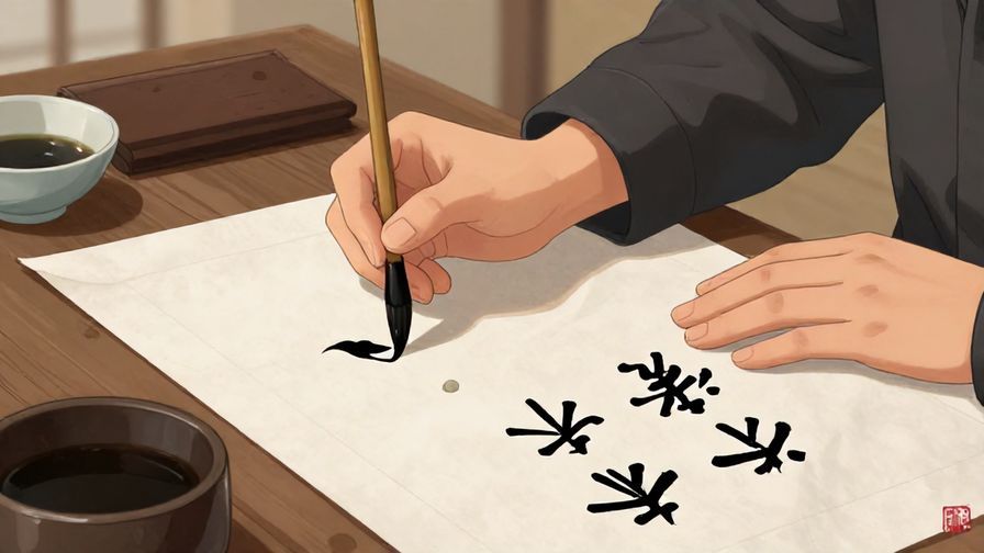Illustration of a traditional calligraphy brush writing on rice paper, calm and focused atmosphere