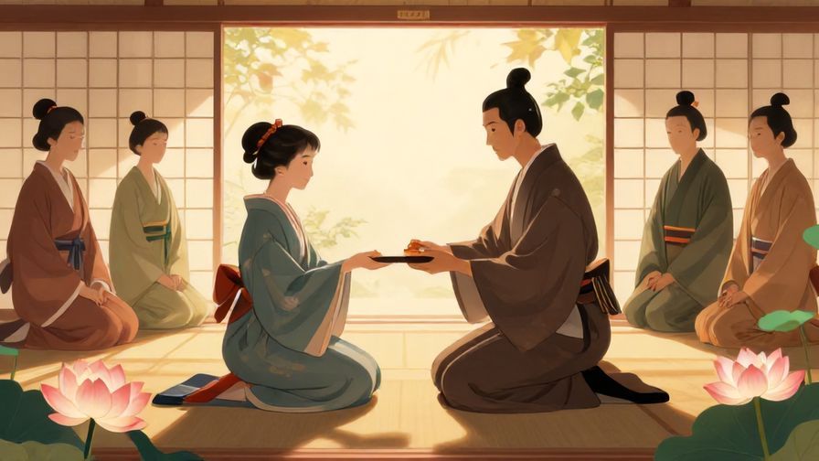Illustration of a traditional Japanese court scene with elegant figures presenting a reward, bathed in soft sun rays and lotus flowers