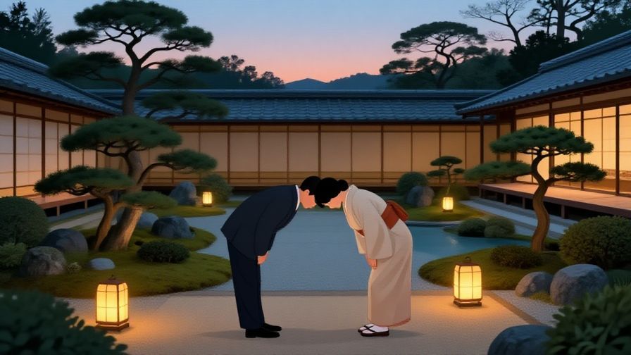Illustration of a traditional Japanese garden at twilight with a person bowing in respect, soft lantern light, peaceful and respectful atmosphere