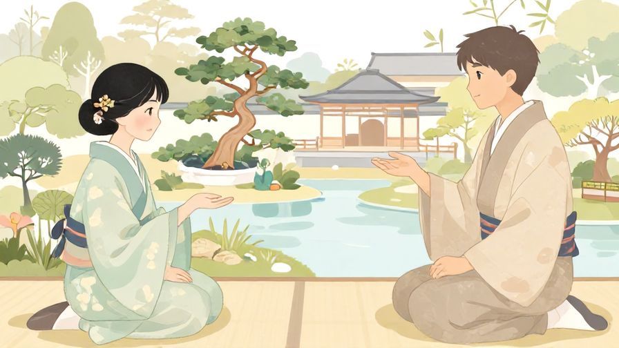 Illustration of a traditional Japanese garden with two people exchanging polite compliments, soft pastel colors