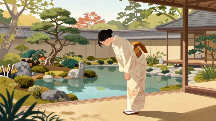 Illustration of a traditional Japanese garden with a person bowing politely in afternoon light, elegant kimono, refined atmosphere