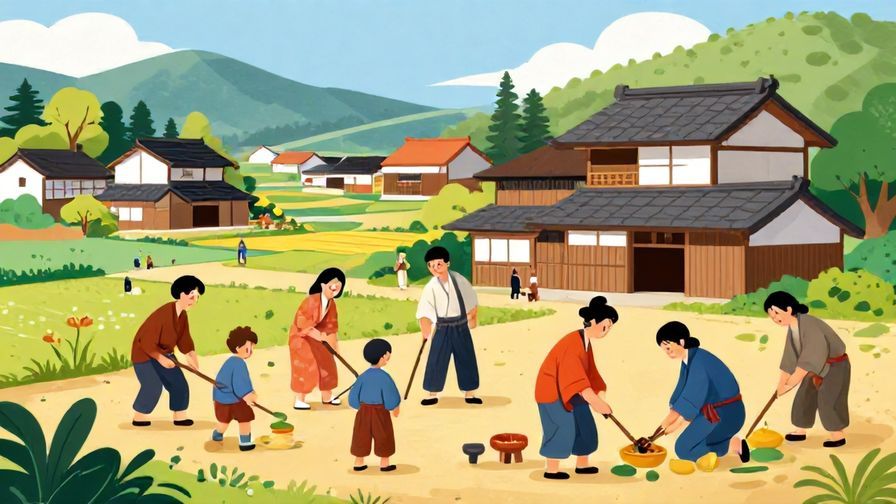 Illustration of a traditional Japanese village with families working together, symbolizing social foundation of blood ties, vibrant colors, illustrated style
