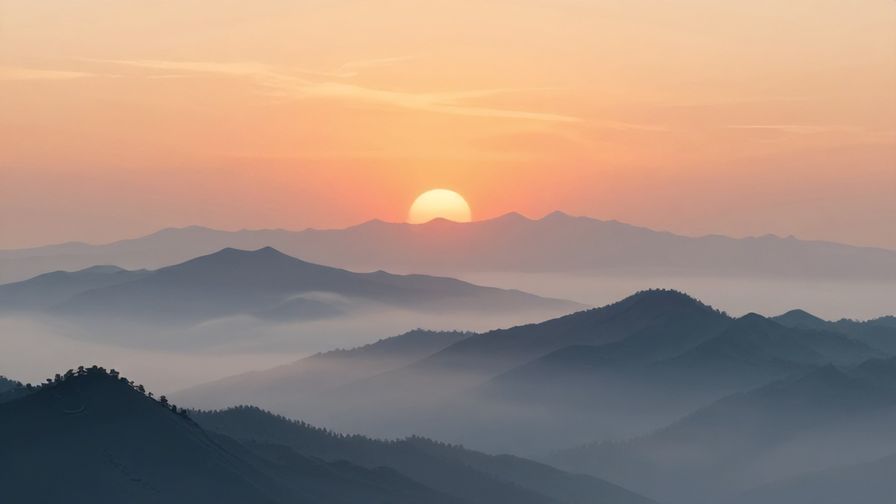Illustration of a tranquil sunrise over misty mountains, symbolizing hope and new beginnings after hardship, soft natural colors, illustrated style