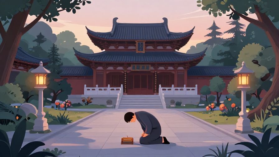 Illustration of a tranquil temple garden with a person bowing in prayer under soft twilight colors