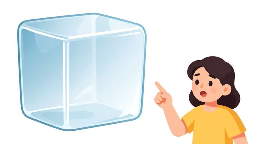 Illustration of a transparent object or glass showing inside clearly, with a surprised character pointing at it, bright and cheerful colors