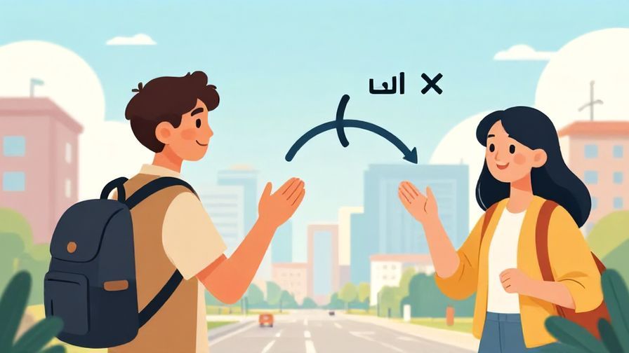 Illustration of a traveler asking a local for the quickest route, cityscape in background, bright afternoon light