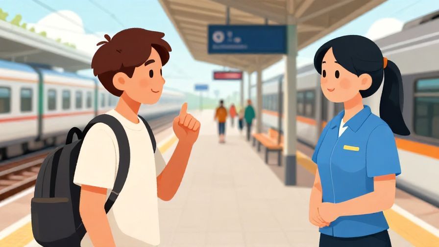 Illustration of a traveler asking a train station staff for advice, station platform in background, bright colors