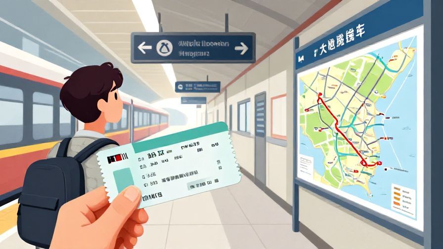 Illustration of a traveler holding a train ticket and looking at a station map, bright station interior, lively atmosphere