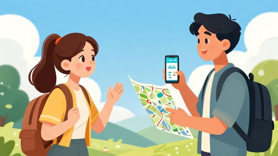 Illustration of a traveler looking at a map app, asking a local with a hopeful expression, bright sunny day