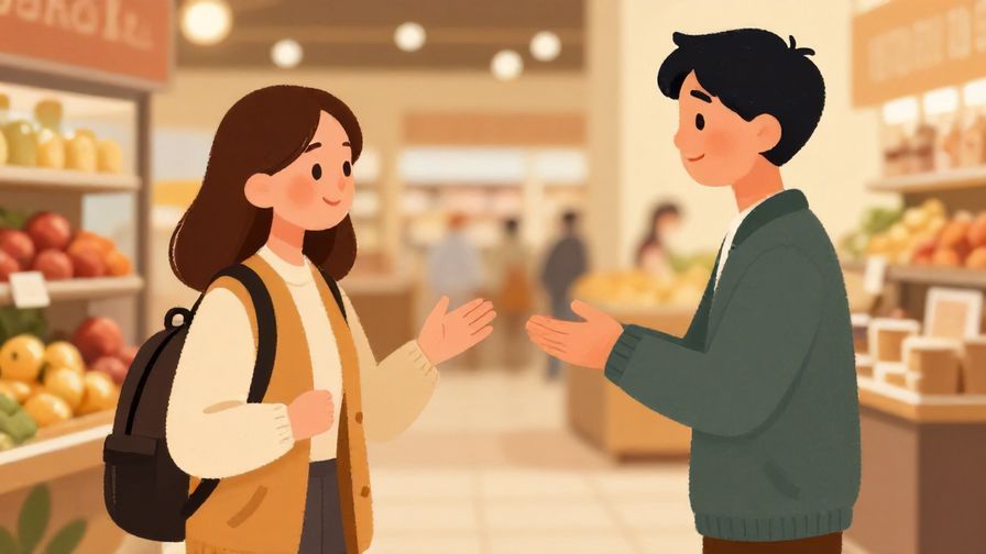 Illustration of a traveler politely asking directions to a shopkeeper, soft lighting, warm indoor market background