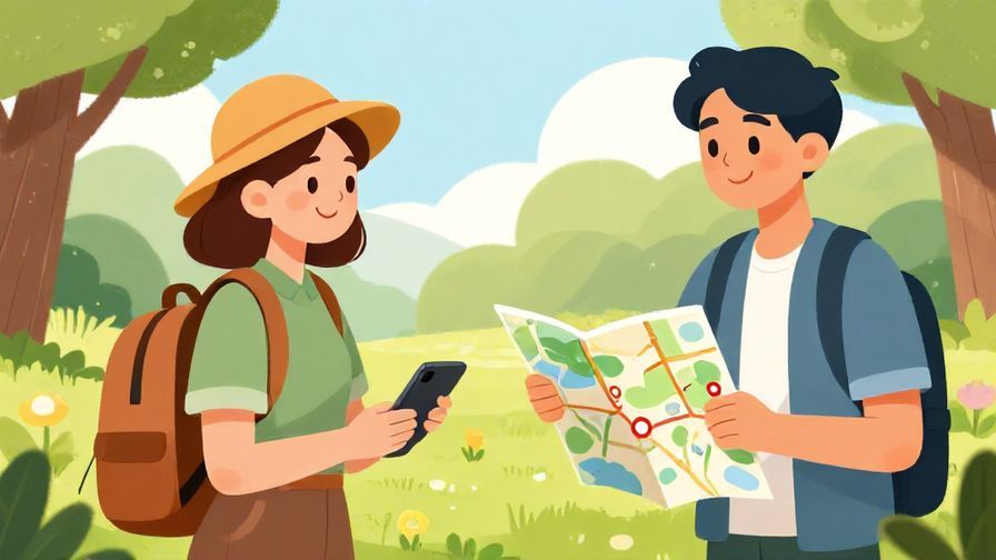 Illustration of a traveler showing a map to a local for route advice, sunny park background, friendly expressions