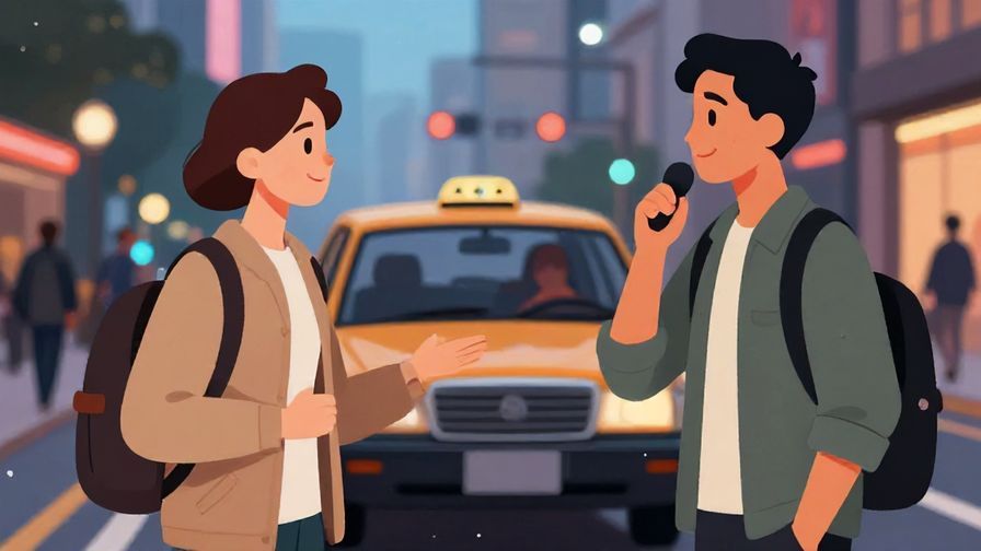 Illustration of a traveler speaking to a taxi driver with a polite smile, urban street background, evening setting