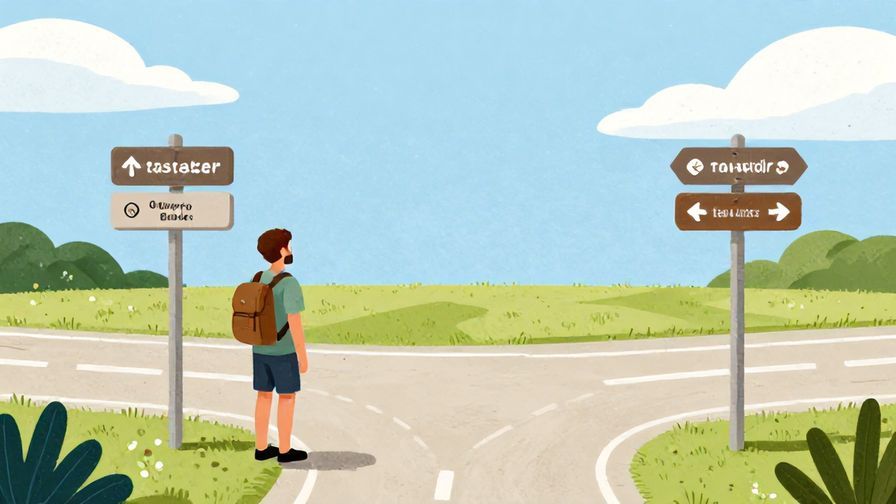 Illustration of a traveler standing at a street fork, looking at two paths with signposts, sunny day, illustrated textures