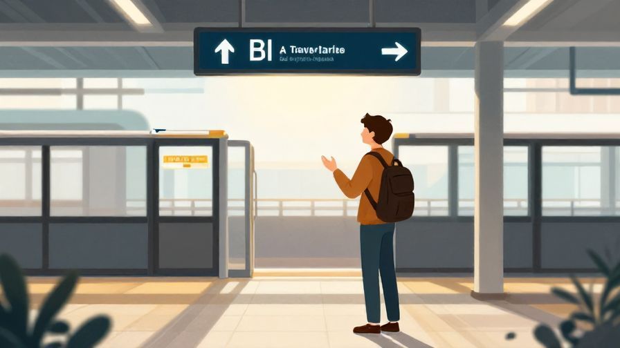 Illustration of a traveler standing at a subway station exit area, asking politely, soft lighting