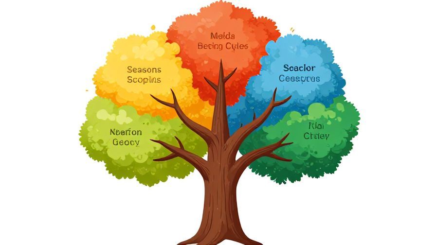 Illustration of a tree with seasons changing on its branches, vibrant colors, symbolic of life’s cycles, illustrated style