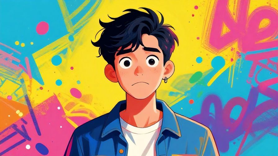 Illustration of a trendy young person with a playful yet fed-up expression, bright colors with graffiti-like background