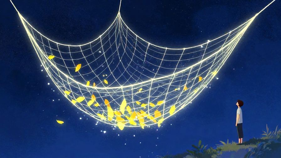 Illustration of a vast, glowing net suspended in a starry night sky, gently catching falling leaves and light particles, with a calm figure watching, vibrant colors, illustrated style