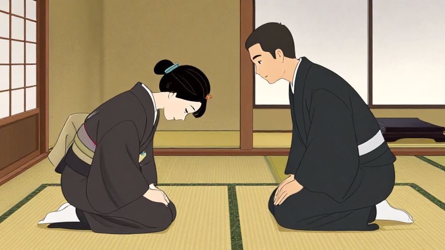 Illustration of a very formal setting with a bowing figure politely requesting help, traditional Japanese room, respectful atmosphere