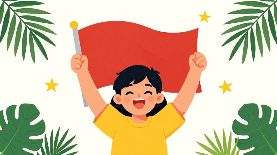 Illustration of a victorious character raising a flag with a joyful expression, surrounded by stars and palm leaves, symbolizing sweet victory